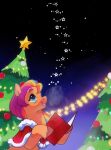 aztrial blue_eyes christmas christmas_tree cloak clothing earth_pony equid equine female feral hair hasbro holidays hooves horse mammal mlp_g5 multicolored_hair my_little_pony night orange_body plant pony purple_hair rainbow_hair solo star sunny_starscout_(mlp) tree