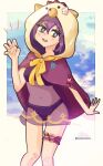  1girl animal_hood arm_up bear_hood bernadetta_von_varley bernadetta_von_varley_(summer) bikini border bow bridal_garter cape cowboy_shot curled_fingers fire_emblem fire_emblem:_three_houses fire_emblem_heroes furrowed_brow grey_eyes hair_between_eyes highres hood hooded_cape hoshinokotta light_blush looking_at_viewer nail_polish navel official_alternate_costume open_mouth pink_nails purple_bikini purple_cape purple_hair seashell see-through_clothes shell sky solo standing starfish swimsuit white_border yellow_bow 