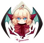  1girl bat_wings blonde_hair blue_eyes blush close-up collar commentary dated english_commentary fang gift_art highres looking_at_viewer original red_collar red_ribbon ribbon sandragh short_hair signature simple_background solo vampire white_background wings 