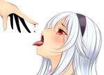  afilia_(kiyomin) bleeding blood blush dripping face fang hairband highres kiyomin open_mouth original red_eyes solo_focus tongue tongue_out vampire white_background white_hair 