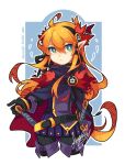  1girl autumn_leaves belt black_belt black_gloves black_hairband cloak commentary dated english_commentary gloves gold_trim green_eyes hairband highres leaf long_hair maple_leaf original pointy_ears purple_cloak purple_skirt sandragh sheath sheathed signature simple_background skirt solo sword upper_body very_long_hair weapon 