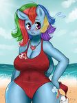  anthro anthrofied blue_fur blush cloud cutie_mark equine eyelashes female friendship_is_magic fur hair holding mammal mingamia multi-colored_hair my_little_pony one-piece_swimsuit outside pegasus rainbow_dash_(mlp) rainbow_hair solo swimsuit water wet wide_hips wings 