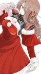  android brown_hair christmas detached_sleeves dress gloves highres holding holding_sack long_hair mechanical_arms miaawa original sack santa_dress tagme white_gloves 