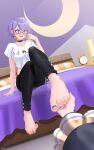  2girls absurdres alarm_clock anya_melfissa belt belt_collar black_belt black_pants blonde_hair blue_nails blush breasts clock clothes_writing collar colored_inner_hair commentary commission crescent earrings english_commentary feet flying_sweatdrops girarikyo glasses highres holding_another's_foot hololive hololive_indonesia jewelry moona_hoshinova moona_hoshinova_(casual) multicolored_hair multiple_girls nail_polish on_bed pants pillow purple_eyes purple_hair shirt short_hair sitting toenail_polish toenails vgen_commission virtual_youtuber white_shirt 