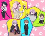  3girls ahoge animal_ears bad_id bad_pixiv_id black_hair blue_eyes bow braid brown_eyes brown_hair cat_ears cat_tail danganronpa danganronpa/zero danganronpa_1 dog_ears dog_tail enoshima_junko flipped_hair gloves grey_eyes hair_bow hair_ornament hair_ribbon hairclip hetero hinata_hajime hood hoodie jacket kirigiri_kyouko long_hair matsuda_yasuke miniboy mouse_ears mouse_tail multiple_boys multiple_girls naegi_makoto nail_polish nanami_chiaki necktie okuragon open_mouth pink_hair purple_eyes purple_hair ribbon single_braid sleeves_rolled_up spoilers super_danganronpa_2 tail twintails 