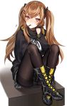  bangs black_footwear blush breasts brown_eyes brown_hair commentary_request cross-laced_footwear crossed_ankles crotch_seam fingerless_gloves food girls_frontline gloves hair_between_eyes hair_ornament hairclip hand_on_own_cheek highres hood hood_down hooded_jacket jacket kinsenka_momi long_hair looking_at_viewer medium_breasts panties panties_under_pantyhose pantyhose pocky pocky_kiss red_eyes ribbon scar scar_across_eye shared_food shirt sidelocks sitting skirt smile solo thighband_pantyhose twintails ump9_(girls_frontline) underwear white_panties white_shirt 