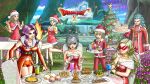  2boys 5girls aqua_hair artist_request blonde_hair blue_eyes bracelet braid breasts bridal_gauntlets brown_eyes cake capelet character_request christmas christmas_tree cleavage cooking copyright_logo crown_braid dragon_quest dragon_quest_x dress drink earrings euriza_(dq10) fire flower food fur-trimmed_capelet fur_trim gold_bracelet gold_bracer gold_choker gold_earrings grin hair_slicked_back hand_on_own_cheek hand_on_own_chest hand_on_own_face hat helvel_(dq10) highres holding holding_tray hoop_earrings jewelry large_breasts long_hair looking_at_another mitra_(dq10) multiple_boys multiple_bracelets multiple_girls navel official_art official_wallpaper opaque_sunglasses parted_hair pixie_cut purple_eyes purple_flower purple_hair red-tinted_eyewear red_bridal_gauntlets red_capelet red_shorts santa_costume santa_dress santa_hat short_hair shorts sitting slime_(dragon_quest) smile spiked_hair sweatdrop third-party_source tinted_eyewear tray white_hair 