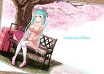  aqua_eyes aqua_hair bag bench character_name cherry_blossoms dress dutch_angle hat hatsune_miku hazama_aida long_hair photo_(object) sitting solo suitcase thighhighs tree twintails very_long_hair vocaloid 