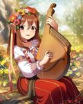  brown_eyes brown_hair ensemble_girls! ensemble_girls_(artist) field flower flower_field hair_flower hair_ornament hair_ribbon head_wreath instrument long_hair official_art ribbon sitting skirt smile solo ukrainian_clothes yumeji_maria 