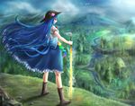 bird blue_hair boots bow cliff cloud cloudy_sky day dress facing_away food forest fruit full_body glint grass grin hat hinanawi_tenshi leaf legs_apart long_hair mountain nature peach red_eyes river satoji_(ochanomkmskry) scenery short_sleeves sky smile solo standing sword_of_hisou tassel touhou very_long_hair water waterfall 