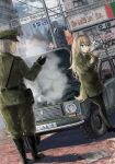  1boy 1girl animal_ears blonde_hair boots car cigarette commentary_request dutch_angle faceless faceless_male gloves graffiti green_eyes grey_hair ground_vehicle hat highres karo-chan lighter long_hair military military_hat military_uniform motor_vehicle original outdoors pantyhose road_sign sign smoke smoking snowing uniform very_long_hair 