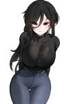  1girl absurdres arms_behind_back bandit-chan_(k0ng) black_hair bralines breasts denim hair_between_eyes hair_ornament hairclip highres jeans k0ng large_breasts long_hair original pants red_eyes simple_background solo white_background 