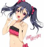  \m/ bikini black_hair blush happy_birthday love_live! love_live!_school_idol_project matarou_(genkai_toppa) navel open_mouth polka_dot polka_dot_bikini polka_dot_swimsuit red_eyes short_hair solo swimsuit yazawa_nico 