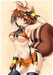  1girl animal_ears antenna_hair blazblue blush breasts brown_eyes brown_hair fingerless_gloves gloves highres looking_at_viewer makoto_nanaya medium_breasts navel revealing_clothes roura short_hair skirt smile solo squirrel_ears squirrel_tail tail thighhighs underboob 