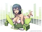  ass bad_id bad_pixiv_id barefoot bikini black_hair blue_eyes breasts butt_crack cleavage food fruit glasses headphones large_breasts looking_at_viewer melon melon-chan newey open_mouth original pink_bikini short_hair solo swimsuit 