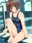  arm_support bad_id bad_pixiv_id bare_legs barefoot blush brown_eyes brown_hair competition_swimsuit covered_navel ikoma_minami kami_nomi_zo_shiru_sekai one-piece_swimsuit pool pool_ladder poolside short_hair sitting soaking_feet solo swimsuit wataru_(zazazazazazawa) water wet window_shade 