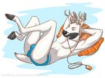  antlers bulge cervine deer earbuds eyes_closed fur horn legs_up lying male mammal mp3_player on_back pillow romanov solo thewhitefalcon topless underwear white_fur 