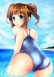  :o ass bird blue_eyes blue_swimsuit blush brown_hair cameltoe cloud competition_school_swimsuit day from_behind idolmaster idolmaster_(classic) kero_(tomoki-tiger) looking_back ocean one-piece_swimsuit partially_submerged scrunchie short_hair short_twintails sky solo swimsuit takatsuki_yayoi twintails 