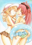  ;p ass bikini blonde_hair bow breasts drill_hair fang hair_bow hat innertube long_hair looking_at_viewer mahou_shoujo_madoka_magica medium_breasts multiple_girls one_eye_closed open_mouth polka_dot polka_dot_bikini polka_dot_swimsuit ponytail red_eyes red_hair sakura_kyouko swimsuit takeshisu tomoe_mami tongue tongue_out traditional_media twin_drills yellow_eyes 