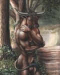  2000 animal_genitalia anthro balls bovine brown_fur cattle forest fur horn male mammal minotaur muscular nude rog_minotaur sheath solo traditional_media_(artwork) tree 