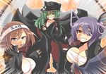  banchou bandages blue_eyes breasts brown_hair budget_sarashi cigarette crossed_arms eyepatch gakuran green_eyes green_hair grin hat headband headgear kantai_collection kiso_(kantai_collection) large_breasts long_hair maya_(kantai_collection) miyamaru mouth_hold multiple_girls purple_hair sarashi scar school_uniform short_hair smile sword tenryuu_(kantai_collection) weapon yellow_eyes 