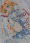  absurdres alice_margatroid bdsm blonde_hair blush bondage bound breasts cleave_gag cloth_gag colored_pencil_(medium) gag gagged green_eyes hairband highres improvised_gag large_breasts nichibotsu_(kitaziman) pee peeing pussy_juice ribbon short_hair solo tears thighhighs torn_clothes torn_legwear touhou traditional_media 