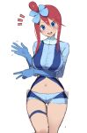  1girl :d blue_eyes blush breasts creatures_(company) fuuro_(pokemon) game_freak gloves greatmosu gym_leader hair_bun hair_ornament highres large_breasts midriff navel nintendo open_mouth pilot_suit pokemon pokemon_(game) pokemon_bw red_hair short_shorts shorts smile 