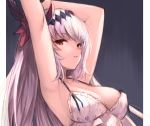  1girl armpits arms_up babydoll bangs bare_arms bare_shoulders breasts cleavage commentary_request covered_nipples eyebrows_visible_through_hair frills granblue_fantasy hair_ornament highres jeanne_d&#039;arc_(granblue_fantasy) koretsuki_azuma long_hair looking_at_viewer medium_breasts parted_lips red_eyes solo upper_body white_babydoll white_hair 