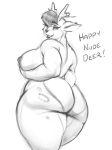 2018 anthro big_breasts big_butt breasts butt cervid cervine female hair half-closed_eyes hand_on_breast looking_back mammal monochrome msvondran nipples nude overweight overweight_female smile solo thick_thighs wide_hips 