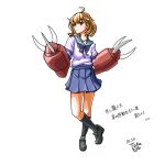  1girl ahoge animal_on_shoulder bandaid bandaid_on_face blue_neckerchief blue_sailor_collar blue_skirt brown_eyes brown_hair claws commentary_request crab_on_shoulder crossed_legs full_body gundam highres kantai_collection mobile_suit_gundam neckerchief nk1109r oboro_(kancolle) pleated_skirt sailor_collar sailor_shirt school_uniform serafuku shirt short_hair simple_background skirt solo standing translation_request white_background white_shirt z&#039;gok 