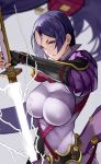  1girl absurdres armor blurry blurry_background bracer breasts fate/grand_order fate_(series) fingerless_gloves fingernails gloves highres hime_cut katana large_breasts lightning long_hair minamoto_no_raikou_(fate/grand_order) puffy_sleeves purple_eyes purple_hair solo sword weapon yoshi55level 