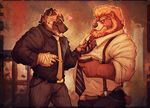  bandage bear beard belt black_nose blonde_hair blush brown_fur chubby cigarette clothing coffee duo facial_hair fur gay hair hyena male mammal muscles necktie pants shirt suspenders teasing vetrowolf 