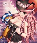  2014 bare_shoulders breasts cleavage collarbone cowboy_shot dated drill_hair ghost grey_eyes hat kumacy large_breasts long_hair looking_at_viewer one_piece perona pink_hair signature smile solo stitches stuffed_toy tattoo umbrella watch wristwatch zerg309 