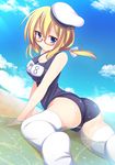  ass blonde_hair blue_eyes breasts glasses hat i-8_(kantai_collection) kantai_collection medium_breasts ocean one-piece_swimsuit red-framed_eyewear school_swimsuit semi-rimless_eyewear short_hair smile snow_(gi66gotyo) solo swimsuit thighhighs under-rim_eyewear water wet white_legwear 