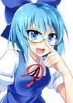  absurdres adjusting_eyewear bespectacled blue_dress blue_eyes blue_hair bow cirno dress e.o. glasses hair_bow hair_ornament highres looking_at_viewer open_mouth puffy_short_sleeves puffy_sleeves shirt short_sleeves simple_background smile solo touhou upper_body white_background 