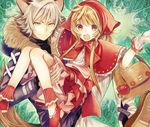  1girl animal_ears big_bad_wolf_(grimm) blonde_hair carrying claws gloves grimm's_fairy_tales hood kurodeko little_red_riding_hood little_red_riding_hood_(grimm) long_hair original princess_carry red_eyes silver_hair wolf_ears yellow_eyes 