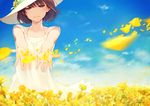  absurdres blurry brown_hair day depth_of_field dress field flower flower_field fuyuno_yuuki hands hat highres lips motion_blur original outdoors outstretched_arms petals rapeseed_blossoms short_hair signature sky sleeveless sleeveless_dress smile solo sun_hat sundress white_dress yellow_eyes 