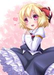  armband ascot aya-on_(miria00) blonde_hair fang frilled_skirt frills gradient gradient_background hair_ribbon heart highres juliet_sleeves long_sleeves looking_at_viewer open_mouth pink_background puffy_sleeves red_eyes ribbon rumia short_hair skirt skirt_set sleeves_past_wrists solo steepled_fingers touhou 