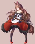  animal_ears bare_shoulders black_legwear bolt_action breasts brown_hair cleavage collarbone dress gun highres imaizumi_kagerou long_hair looking_away mauser_98 nama_shirasu pantyhose profile red_eyes rifle simple_background small_breasts tail touhou weapon wolf_ears wolf_tail 