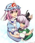  blue_dress blush breast_smother breasts dress green_dress green_eyes hair_ribbon hat hug konpaku_youmu large_breasts mob_cap multiple_girls one_eye_closed open_mouth pink_eyes pink_hair puffy_short_sleeves puffy_sleeves ribbon saigyouji_yuyuko short_sleeves signature silver_hair smile touhou triangular_headpiece umigarasu_(kitsune1963) veil 