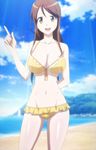  beach breasts brown_eyes brown_hair cleavage cloud iida_nana large_breasts lida_nana long_hair navel open_mouth rail_wars! sand screencap sky swimsuit 