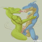  blue_skin cock_tongue eyes_closed frottage gay green_skin kissing male penis precum tail_cock unknown_artist 