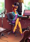  amber_eyes breasts caprine chair chest_tuft cleavage clothed clothing computer female fur goat guitar hair hooves horn inside jacket mammal microphone open_mouth red_fur red_hair shirt short_hair sitting skirt solo speaker tree tuft window yellow_fur 