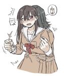  !? 2girls bang_dream! bang_dream!_it&#039;s_mygo!!!!! black_hair blush brown_dress brown_hair chinese_commentary commentary_request criangle_k. dress hanasakigawa_school_uniform holding_carton hug hug_from_behind long_hair long_sleeves medium_hair mole mole_under_eye multiple_girls neck_ribbon open_mouth pleated_dress purple_eyes red_ribbon ribbon sailor_collar sailor_dress school_uniform shiina_taki simple_background spoken_interrobang white_background white_sailor_collar yahata_umiri yuri 