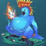 1:1 abdominal_bulge absurd_res aizenman ambiguous_gender ambiguous_prey anthro anthro_pred avian avian_feet beak bird blue_body dipstick_feathers elemental_manipulation feathered_tail feathers fire fire_manipulation head_feathers hi_res ka&#039;lam&#039;holn&#039;qui&#039;ke multicolored_eyes orange_body parrot rainbow_eyes same_size_vore speckled_body tail vore water_manipulation