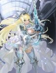  1girl armor blonde_hair boots bow breasts cendrillion_(wonderland_wars) dress feet_out_of_frame green_eyes hair_between_eyes hair_bow holding holding_sword holding_weapon large_breasts long_hair looking_at_viewer maeshima_shigeki official_art parted_lips solo sword thigh_boots v-shaped_eyebrows weapon white_dress wonderland_wars 