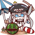  blindfold blue_blindfold chibi commentary dual_wielding escort_fortress_(kantai_collection) food food_print fruit highres holding innertube kantai_collection looking_down monster nuu_(nu-nyu) open_mouth paint_can paintbrush shinkaisei-kan solo suikawari sweatdrop trembling umbrella watermelon watermelon_print wo-class_aircraft_carrier 