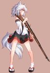  animal_ears arisaka bare_shoulders bolt_action detached_sleeves gun hat highres inubashiri_momiji looking_away nama_shirasu pom_pom_(clothes) profile rifle short_hair silver_hair simple_background solo tail touhou type_38_rifle weapon wolf_ears wolf_tail yellow_eyes 