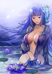  blue_eyes blue_hair breasts collarbone flower groin jing_mian_tu large_breasts lily_pad long_hair parted_lips see-through solo standing very_long_hair wading wet wet_clothes 