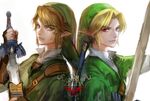  bad_id bad_twitter_id blonde_hair blue_eyes charcoalo commentary_request dual_persona earrings gloves hat heterochromia jewelry link multiple_boys pointy_ears red_eyes smile sword the_legend_of_zelda the_legend_of_zelda:_ocarina_of_time the_legend_of_zelda:_twilight_princess torn_clothes weapon 